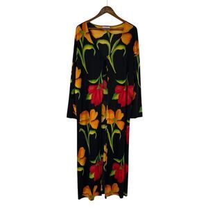 Sue Brett Floral Duster Black Vintage Slinky Nylon Blend USA